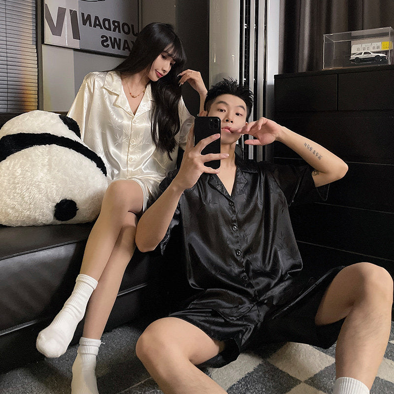 Ice Silk Couple Pajama Set Long Sleeve Home Wear