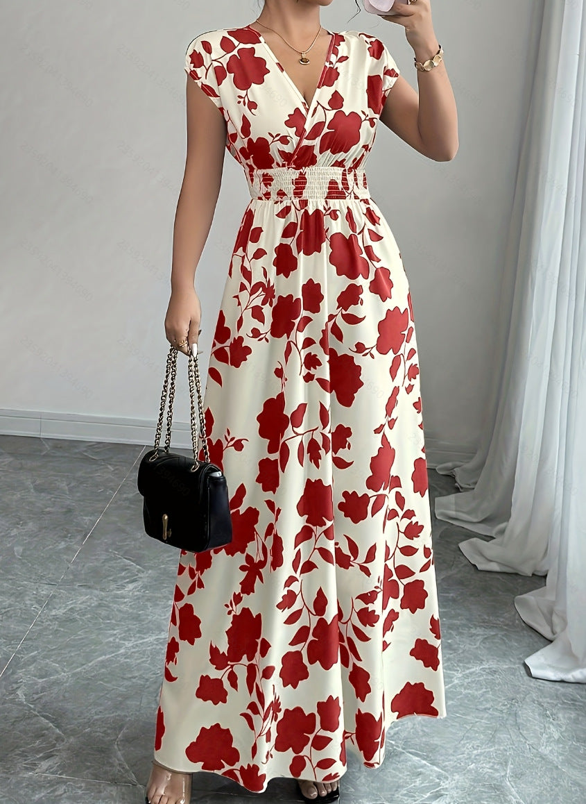 Floral Print V-Neck Lace-Up A-Line Dress