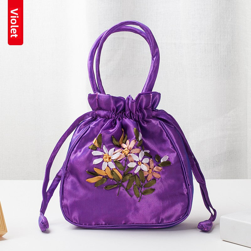Hand-Embroidered Drawstring Bucket Bag
