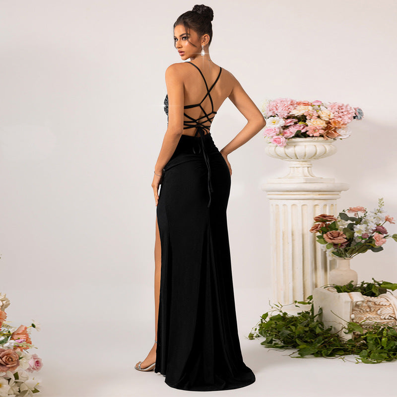 Black Sequin V-neck Fishtail Evening Dress