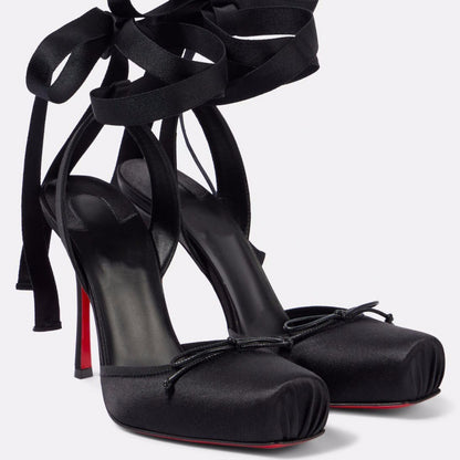 Stiletto Heel Square Toe Ankle Strap Satin Bow Sandals
