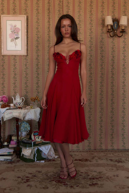 Floral Lace-up Evening Dress with Deep V-Neck