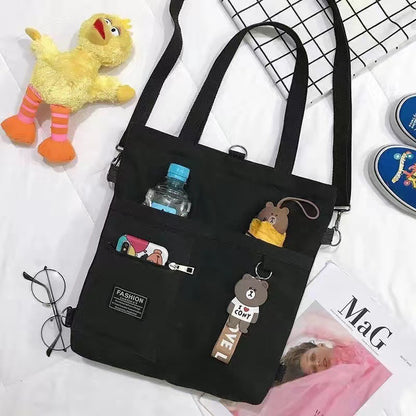 Women's Multiway Canvas Tote Bag with Bear Pendant - Crossbody/Shoulder/Backpack