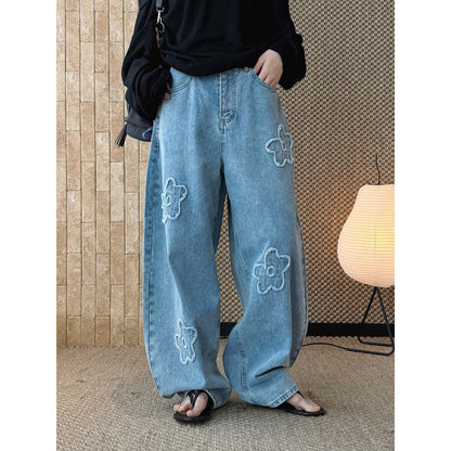 Floral Applique High Waist Wide Leg Denim Pants