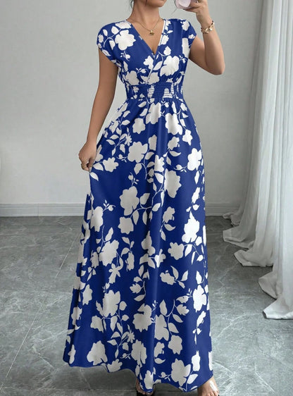 Floral Print V-Neck Lace-Up A-Line Dress