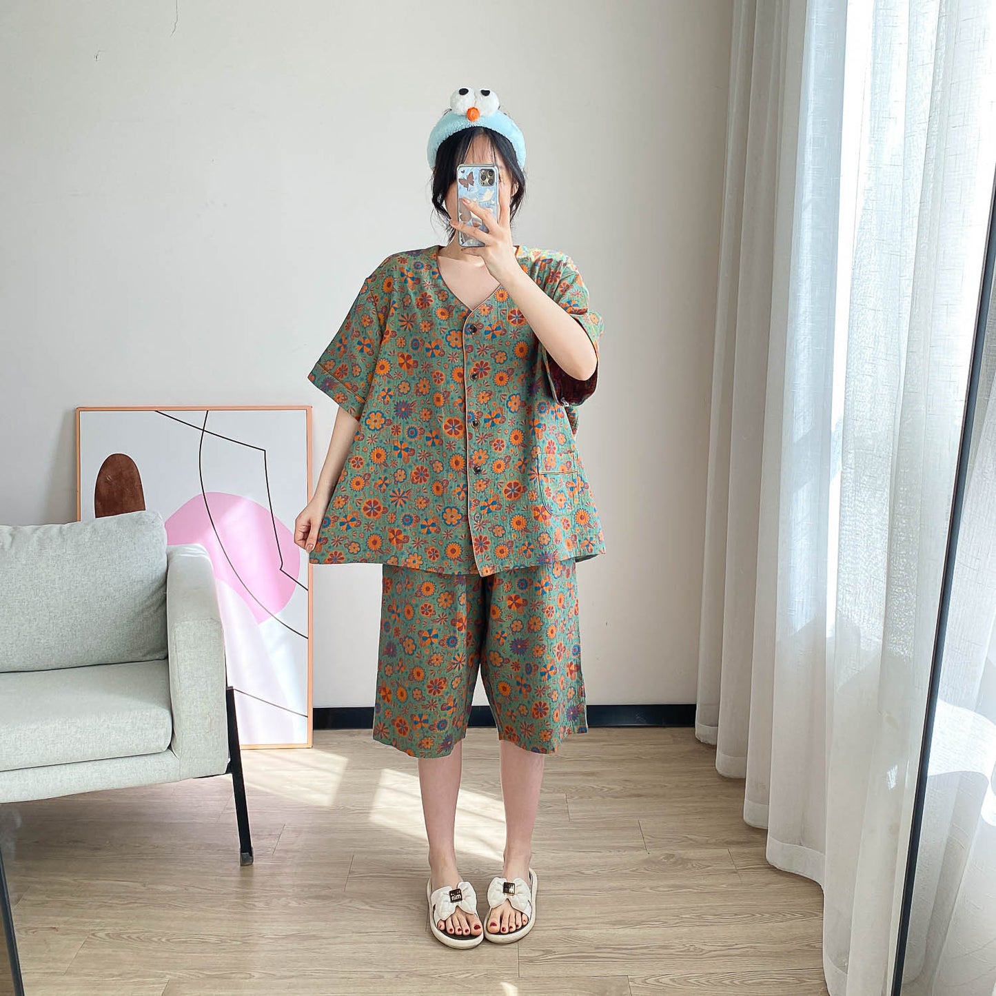 Cotton V-Neck Cropped Pajama Set