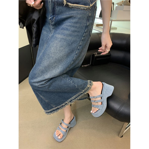 Denim Blue Buckle Sandals with Thick Sole
