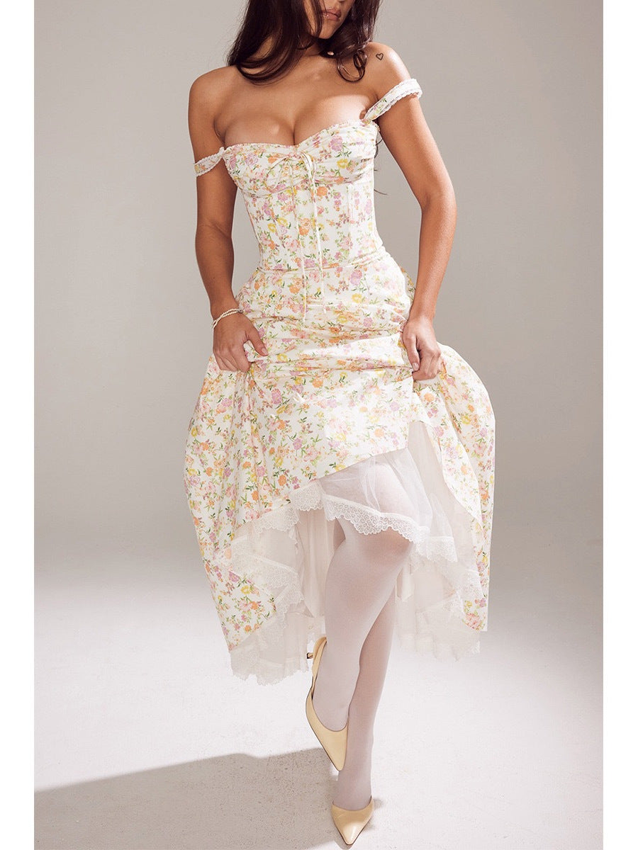 Floral Print Sling Dress with Lace Trim
