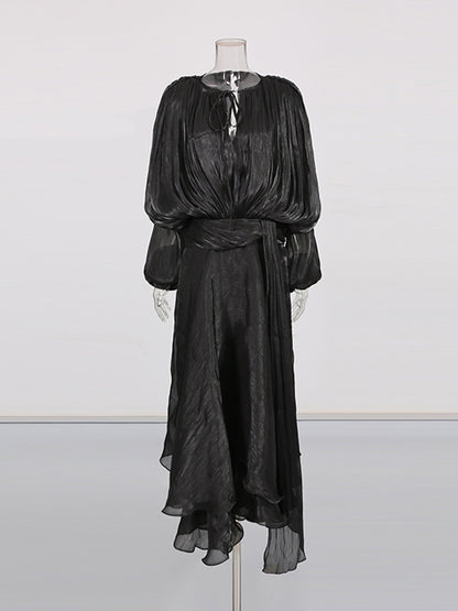 Brown Satin Lantern Sleeve Dress with Tie Waist