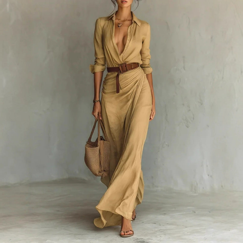 Elegant Pleated Belted Midi Dress
