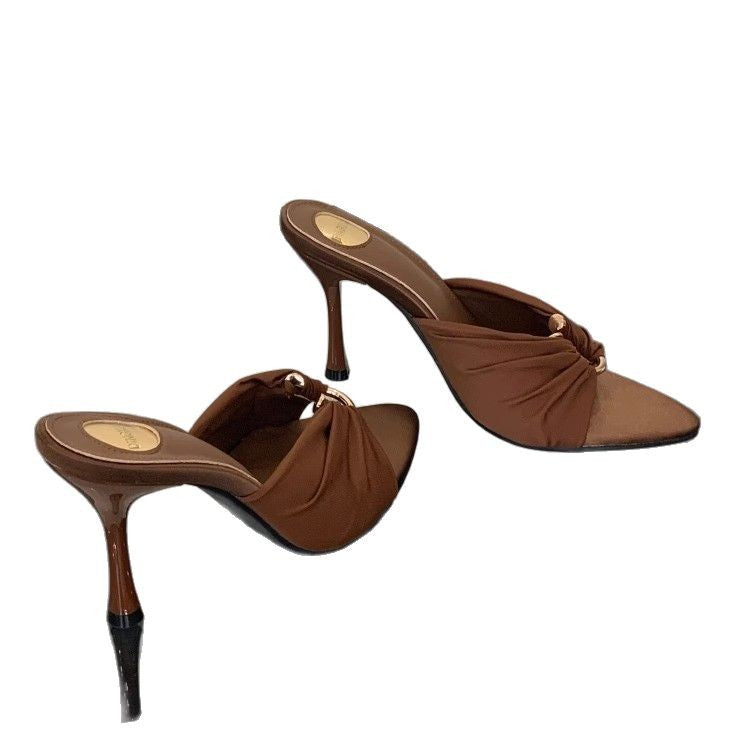 2025 Summer Fashion Open Toe Women's Shoes Royal Sister Fan Pointed Satin Sandals European and American Temperament Metal Buckle High Heels