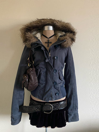 Detachable fur-lined denim jacket