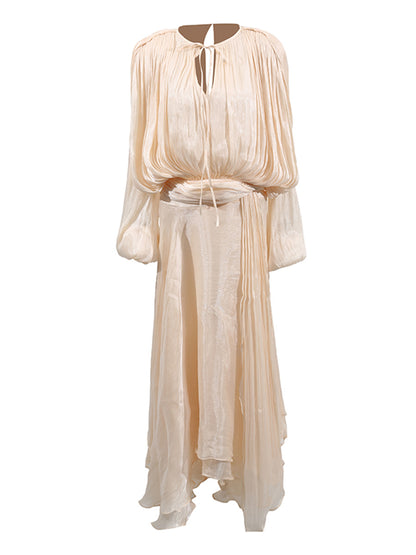 Brown Satin Lantern Sleeve Dress with Tie Waist