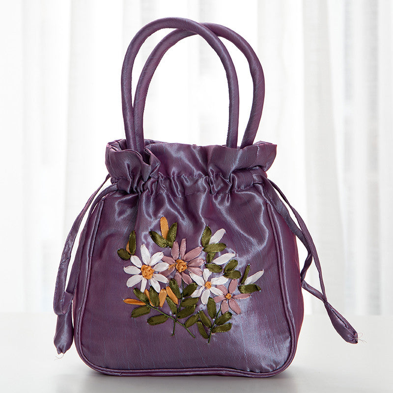Hand-Embroidered Drawstring Bucket Bag