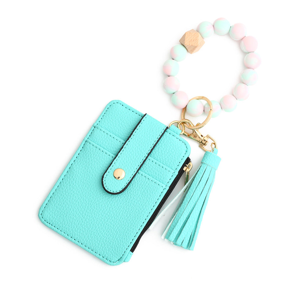 Leopard Print PU Leather Card Holder Wallet with Keychain and Bracelet
