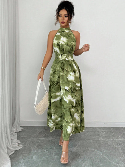 Floral Print Stand Collar A-Line Dress