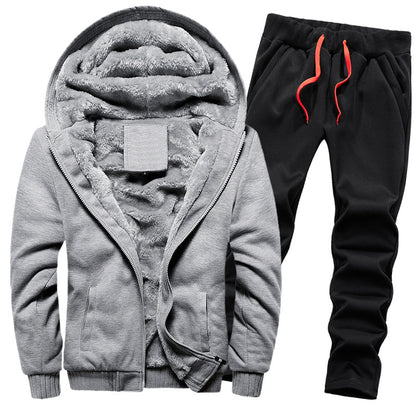 Men's thickened fleece-lined hoodie set