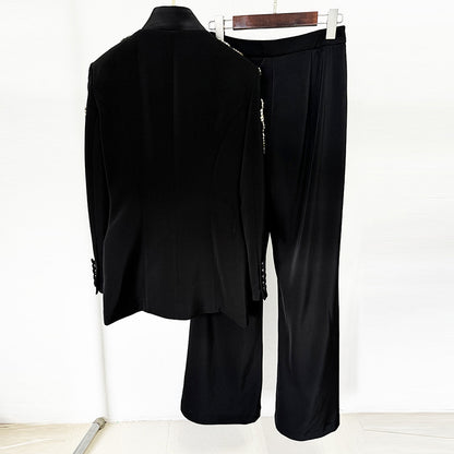 Rhinestone Embellished Blazer and Slit Pants Set