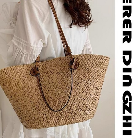 Handmade straw woven large capacity shoulder bag