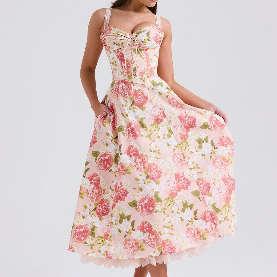 Floral Print Sling Dress with Lace Trim