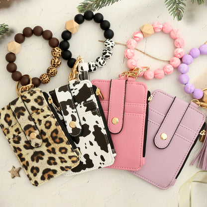 Leopard Print PU Leather Card Holder Wallet with Keychain and Bracelet