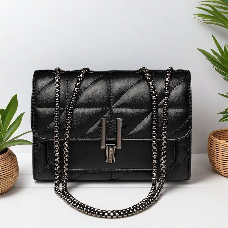 Embroidered Chain Lock Shoulder Bag