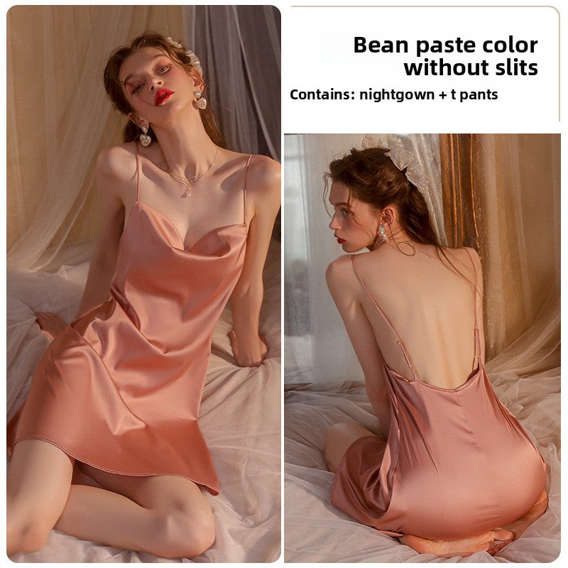 Spaghetti-strap ice-silk nightgown
