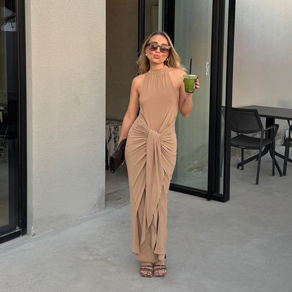Pleated Halter Neck Long Dress