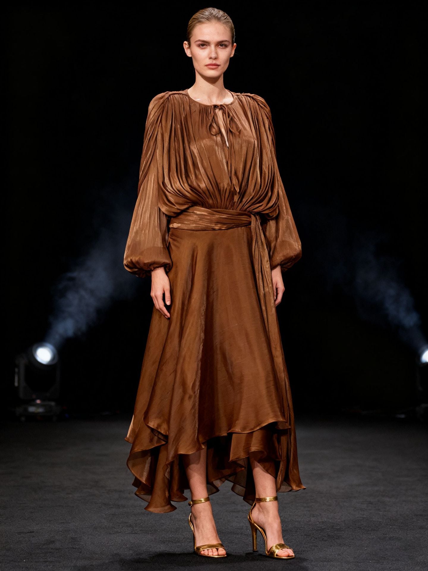 Brown Satin Lantern Sleeve Dress with Tie Waist