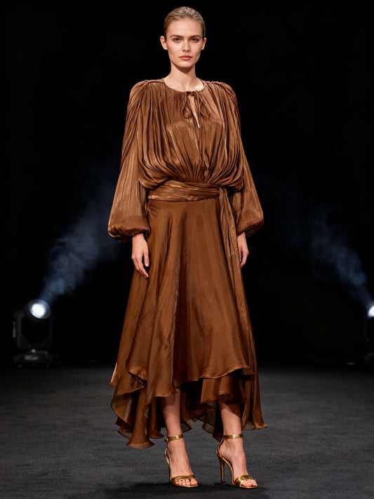Brown Satin Lantern Sleeve Dress with Tie Waist