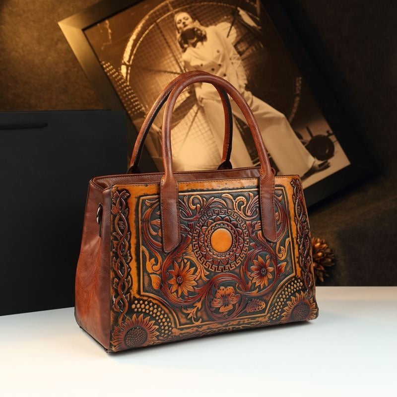 Atmospheric 2025 Retro Women's Bag Embossed Flower Tote Bag Genuine Leather New Ethnic Style Single Shoulder Crossbody Bag Large Capacity