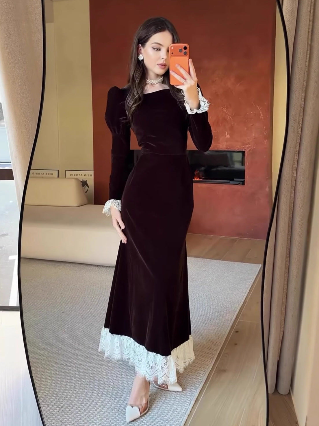 Long Sleeve Square Neck Velvet Dress