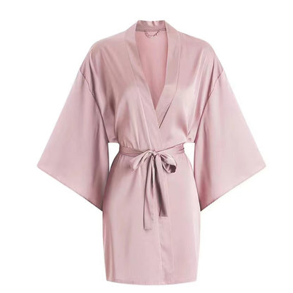 Lace Trim Ice Silk Pajama Set with Robe