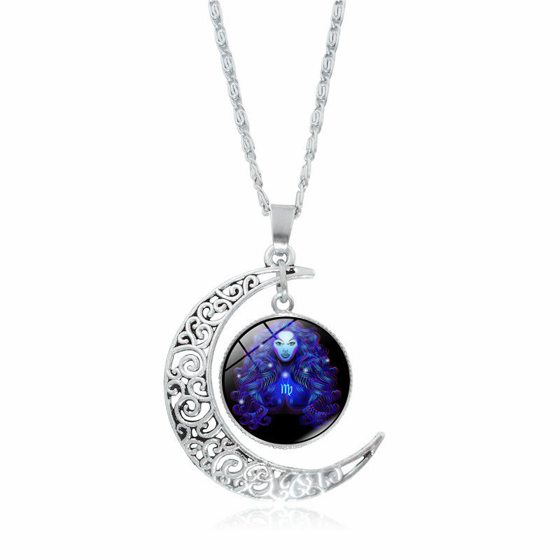 Cross-Border Hot Selling 12 Constellation Necklace Twelve Zodiac Signs Time Gem Moon Glass Pendant European and American Necklace Wholesale