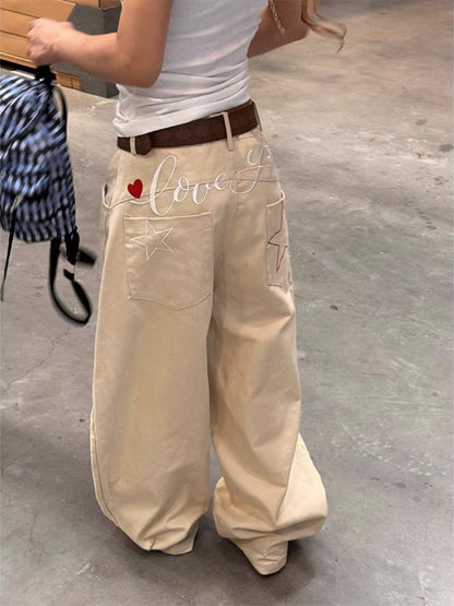 Embroidered Wide Leg Denim Pants