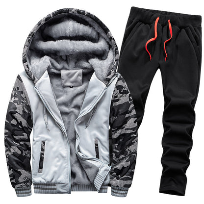 Men's thickened fleece-lined hoodie set