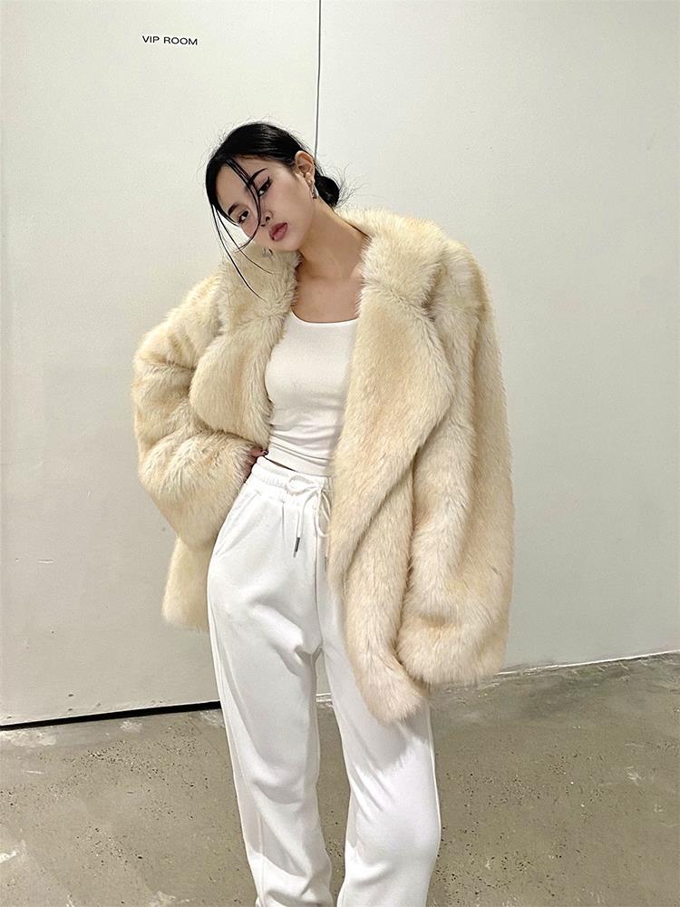 Faux Fox Fur Collar Women Coat