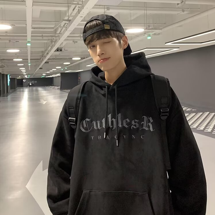 Mens Vintage Suede Letter Embroidered Hooded Sweatshirt