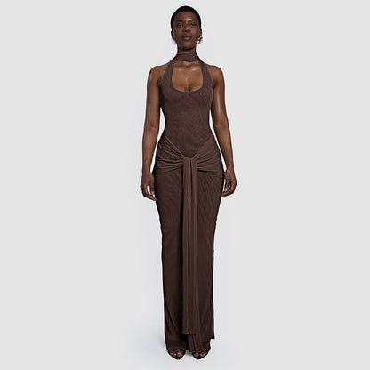 Womens Coffee Brown Spliced Long Dress