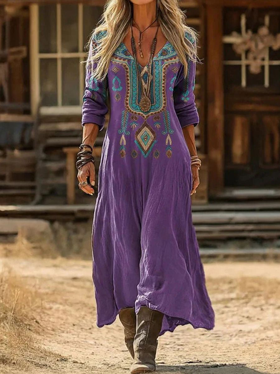 Womens Floral Print V-Neck Long Sleeve Dress