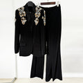 Rhinestone Embellished Blazer and Slit Pants Set