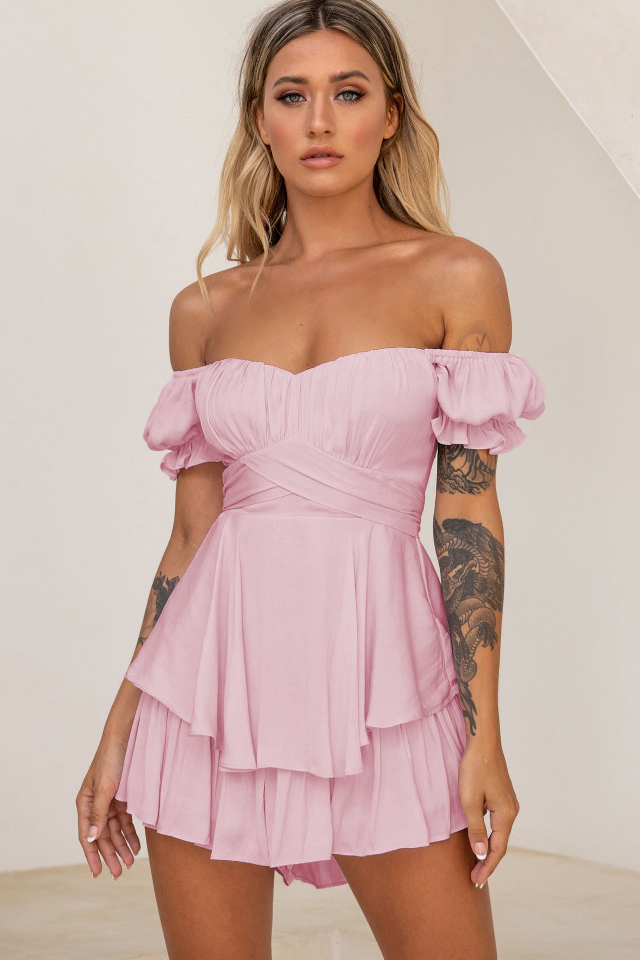 Women's Solid Color Jumpsuit with Lantern Sleeves