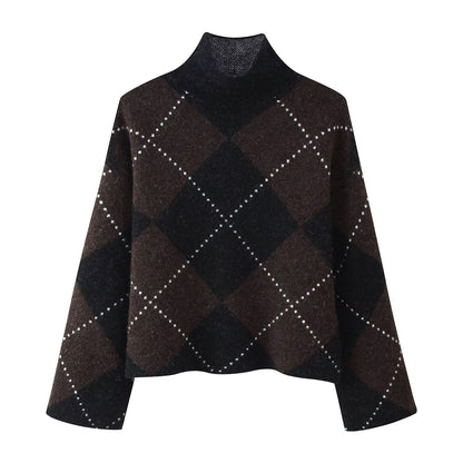 High-neck plaid pullover knit top and skirt