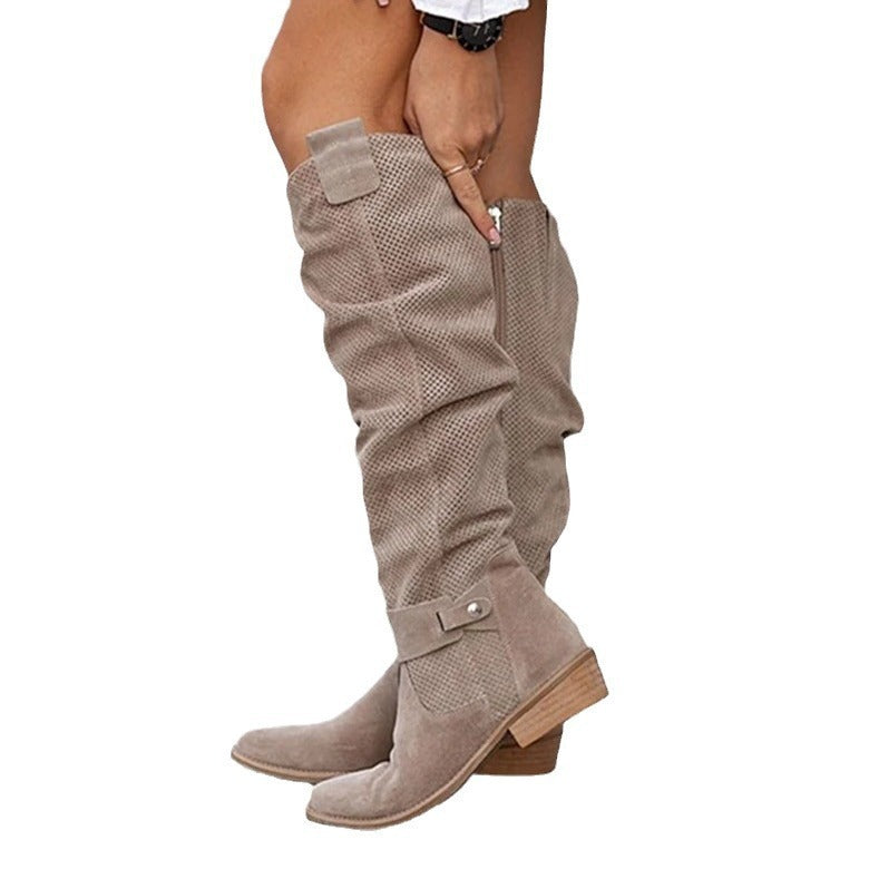 Side Zipper Burnt Flower High Boots for Women