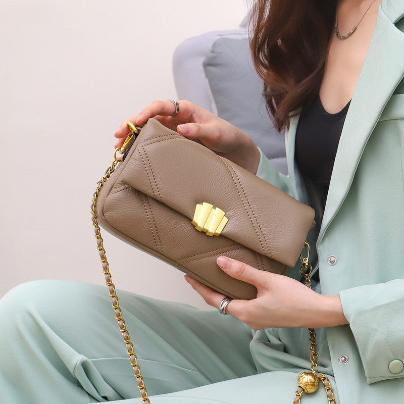 Women's Genuine Leather Small Square Crossbody Bag with Gold Chain