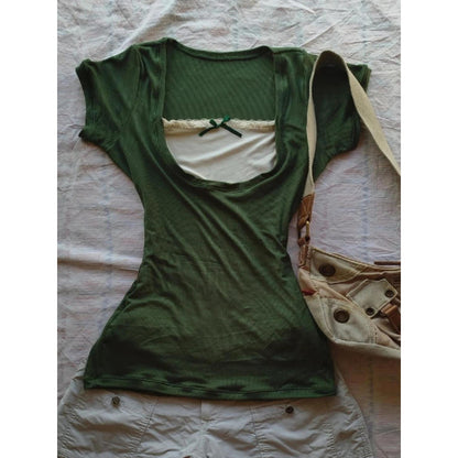 Vintage Green Lace Square Neck Short Sleeve Top