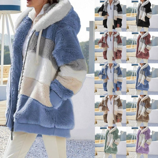 Zipper Pocket Hooded Loose Coat Women