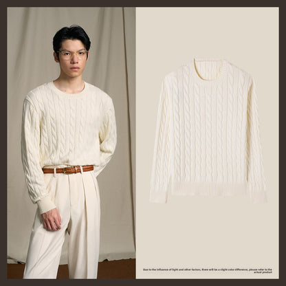 Vintage Cable Knit Cotton Sweater Mens Casual Pullover