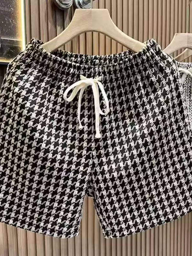 Mens Casual Houndstooth Shorts with Tie Waist