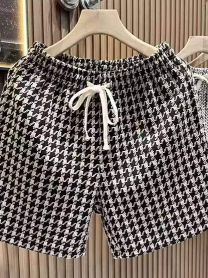 Mens Casual Houndstooth Shorts with Tie Waist